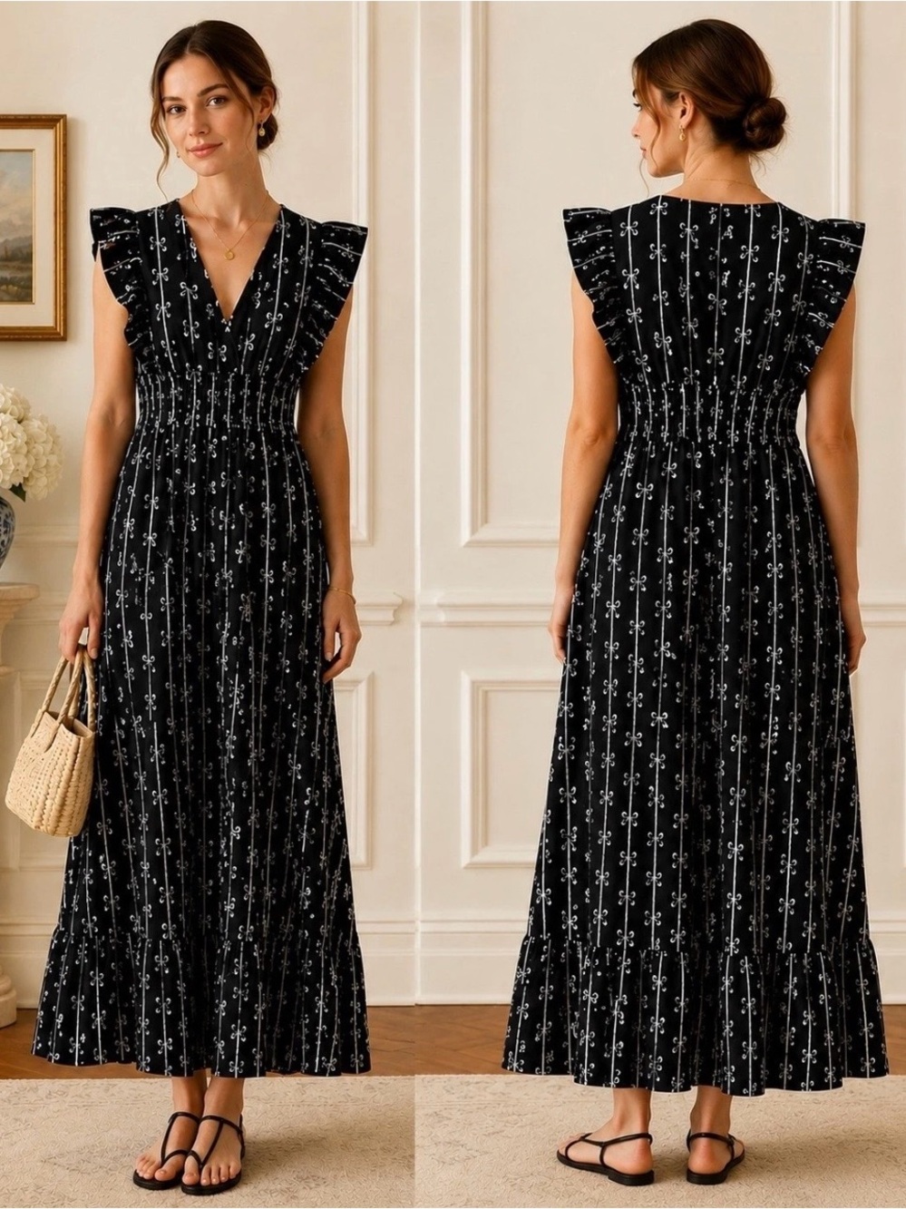STS Blue,  Black Maxi Dress with White Floral Stripe S